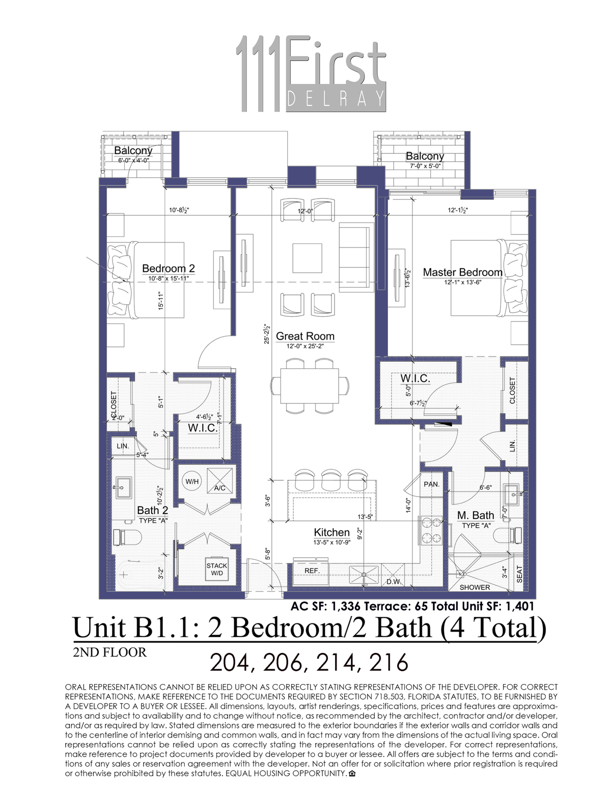 111 First Delray Unit B1.1 Two Bedroom Two Bath Floor Plan